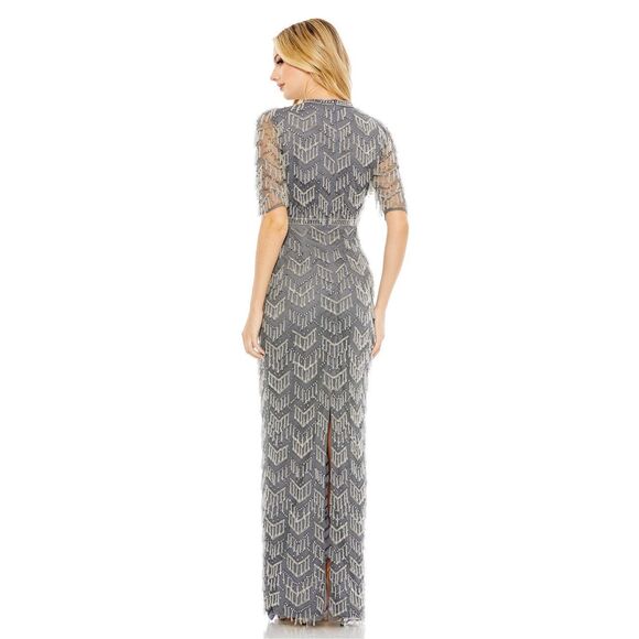 NWT MAC DUGGAL BEADED FRINGE QUARTER SLEEVE COLUMN GOWN $1198 - Picture 2 of 10